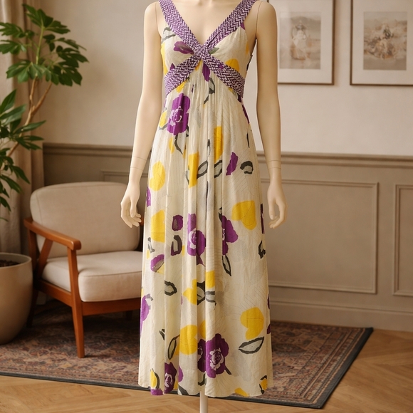 Anthropologie Moulinette Purple and Yellow Floral Maxi Dress Size 10 - Picture 4 of 14